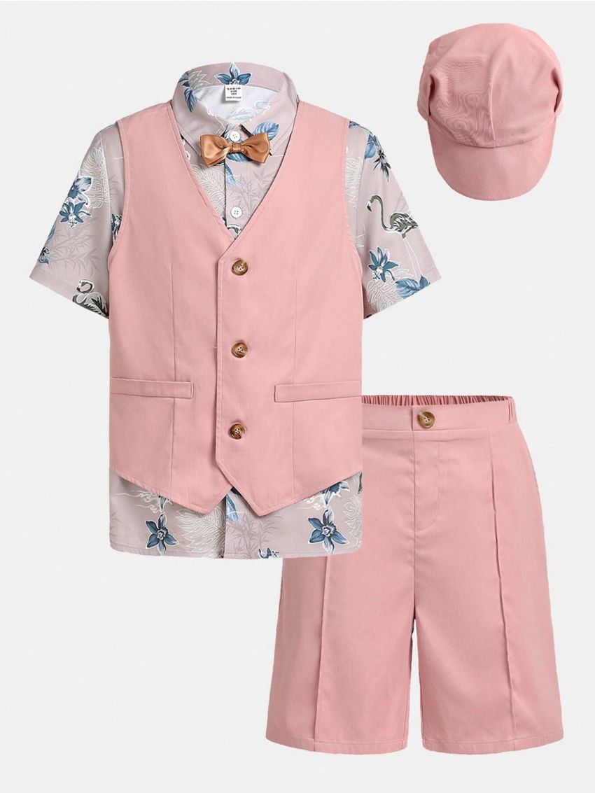 SHEIN Kids FANZEY 4pcs/Set Tween Boys' Elegant Patterned Collared Shirt, Solid Color Vest, Shorts, And Hat Gentleman Suit