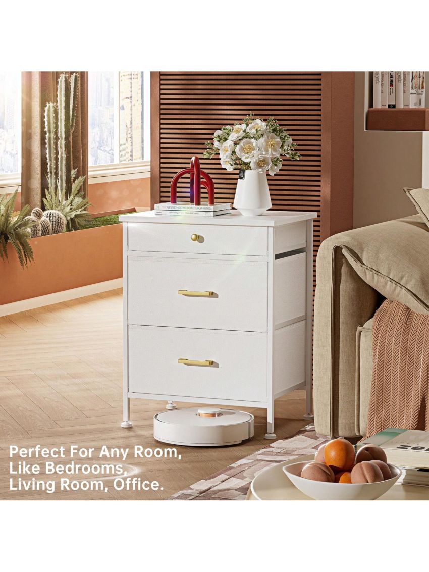 GINRGINR White Nightstand with Different Size Drawer, Bedside Table with 3 Fabric Drawers of Faux Leather, Modern Night Stand End Table for Bedroom, White, 13.8