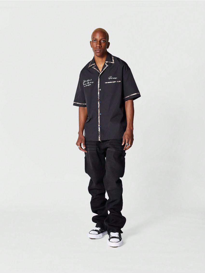 SUMWON Revere Collar Shirt With Printed Piping Details And Front Embroidery