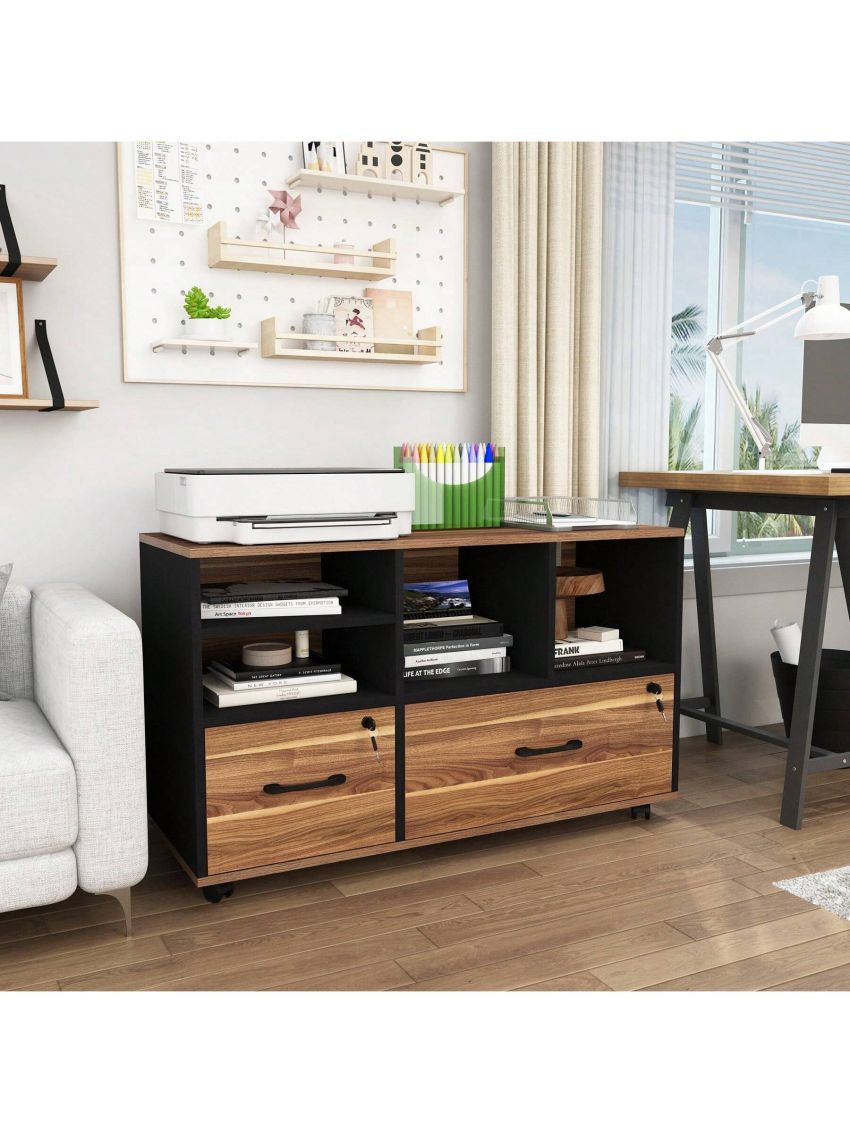 2 Drawer File Cabinets for Home Office, Lockable Lateral Filing Cabinet Printer Stand with Adjustable Shelf & Lockable Wheels, Office Storage Cabinet Fits Files Letter/Legal/F4/A4 Size, Brown