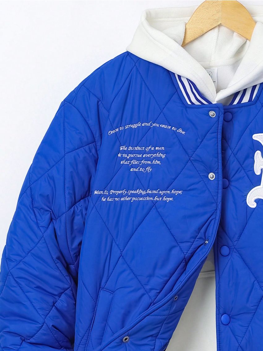 SHEIN Teenage Boys' Casual Sport Jacket With Embroidered English Pattern, Thick Padded Style