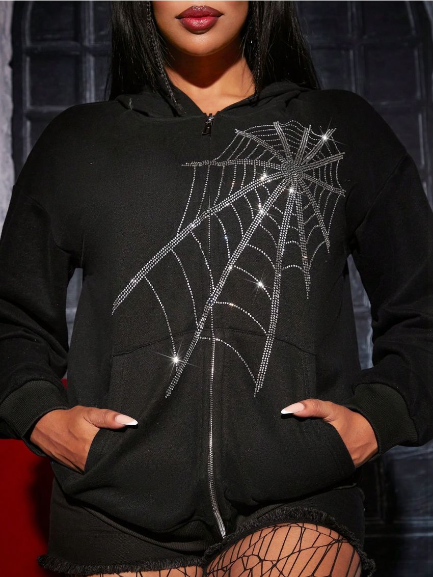 SHEIN SXY Rhinestone Spider Web Print Drop Shoulder Drawstring Hoodie