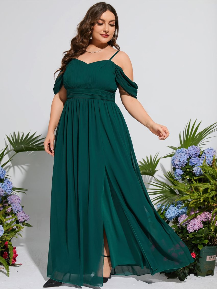 Plus Cold Shoulder Ruched Split Thigh Chiffon Bridesmaid Dress
