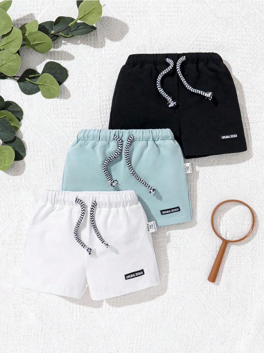 SHEIN Newborn Boys' Decorative Patchwork Drawstring Waistband Casual Shorts 3pcs Set