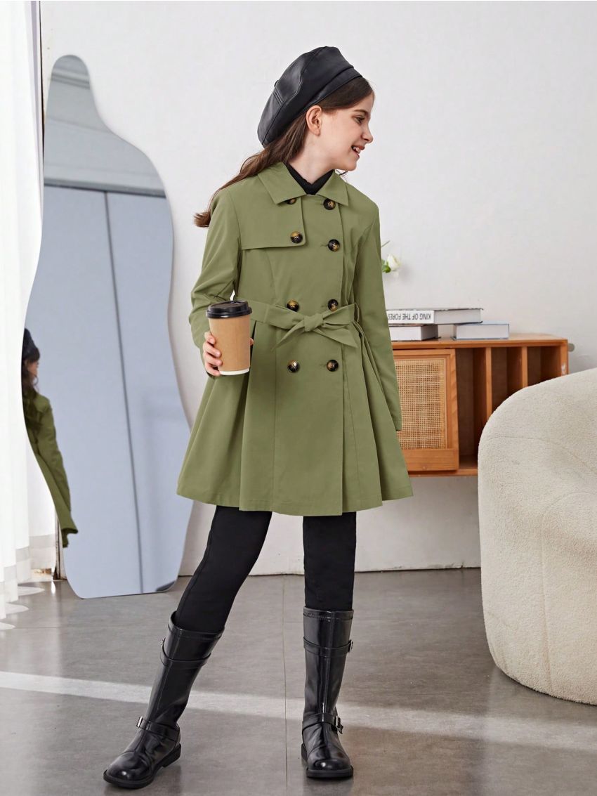 SHEIN Tween Girl 1pc Double Breasted Fold Pleated Belted Trench Coat