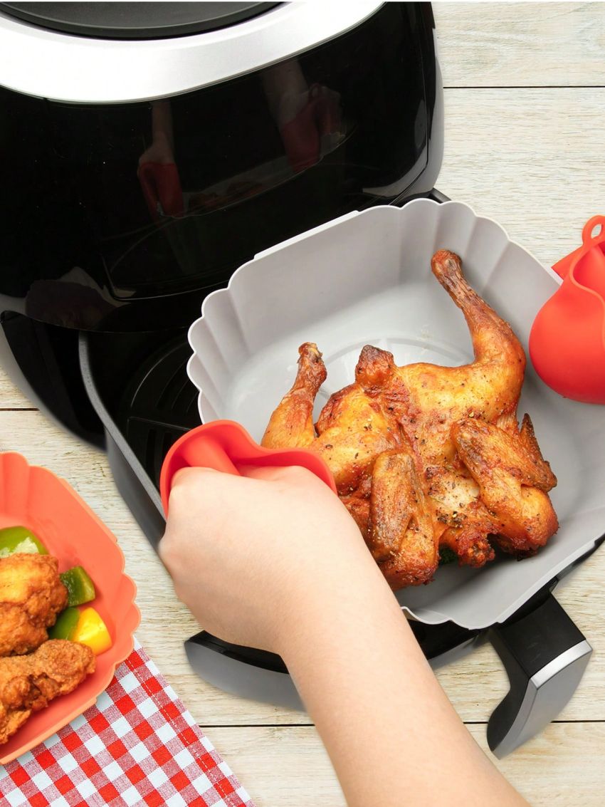 Air Fryer Silicone Pot with Gloves, Easy Cleaning Air Fryer Liners Basket with Brush, Food Safe Non Stick Air Fryer Accessories, Reusable Replacement Parchment Air Fryer Liner Paper
