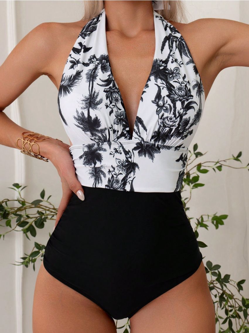 SHEIN Swim Summer Beach Tropical Print Ruched Halter One Piece Swimsuit