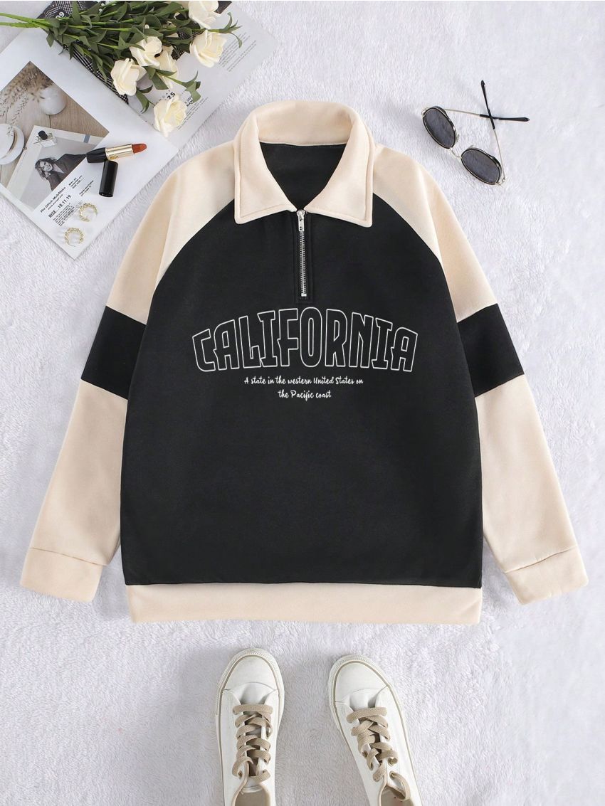 Men's Zipper Sweatshirt With Letter Print And Half Placket