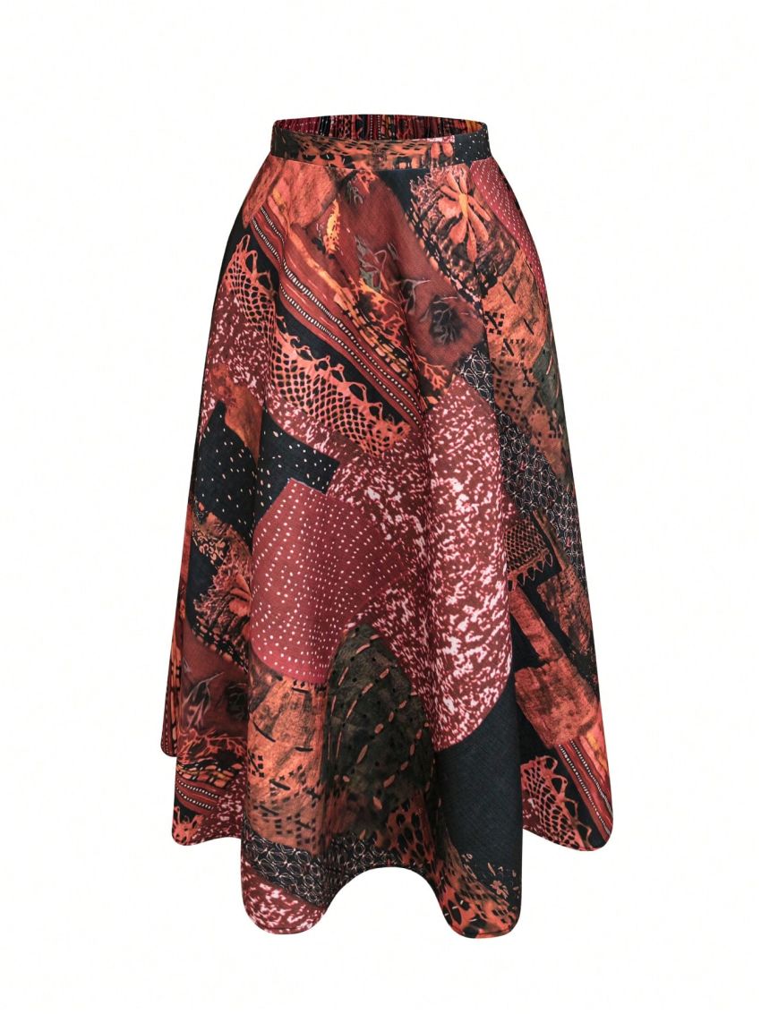 Plus Patchwork Print Flare Skirt