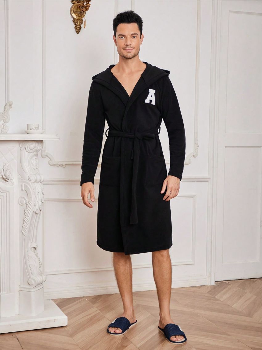 Men Letter Flocking Hooded Belted Robe