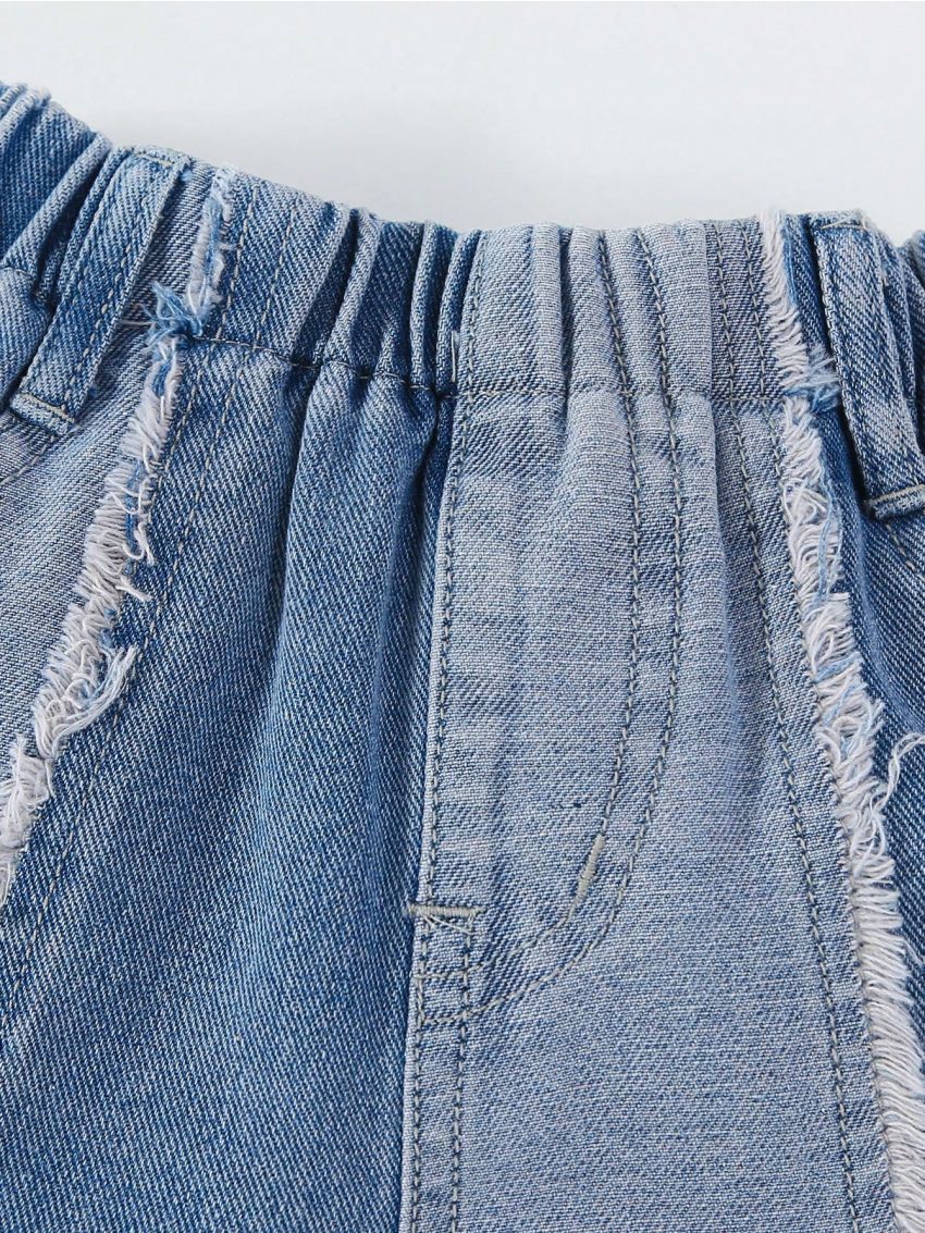 Young Girls' Vintage Street Style Color Block Elastic Waist Frayed Denim Shorts