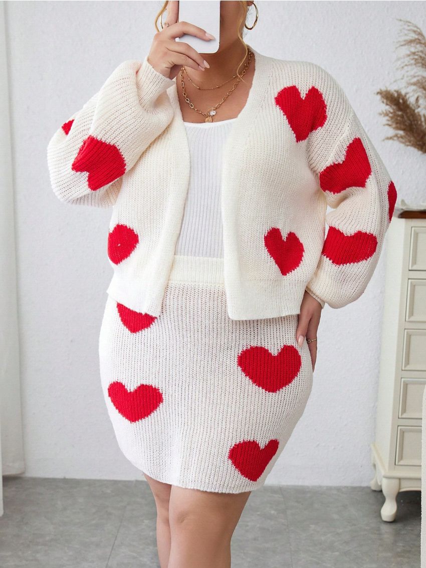 SHEIN Privé Plus Heart Pattern Drop Shoulder Duster Cardigan & Knit Skirt