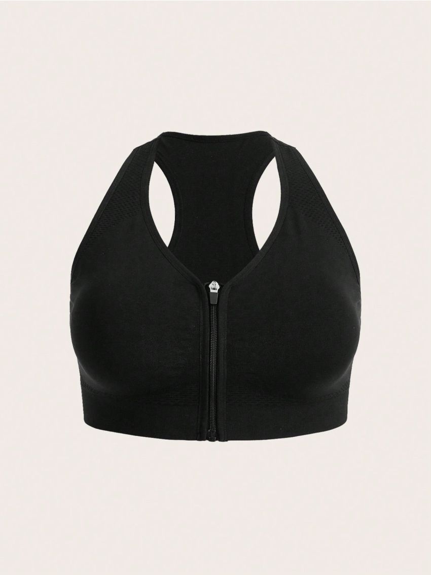 Yoga Basic Women'S Plus Size Sports Bra With Zipper, Racerback Design