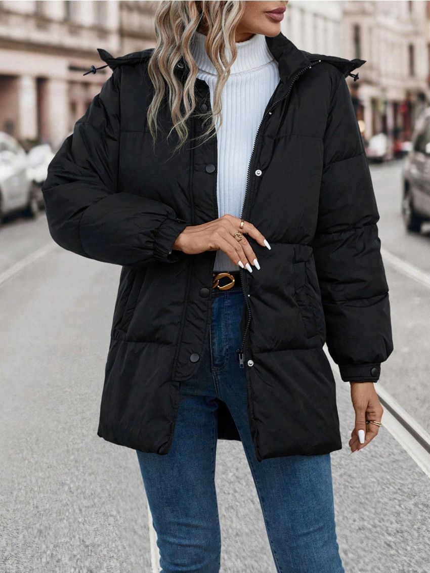 SHEIN Frenchy Women'S Solid Color Hooded Single Breasted Zipper Padded Jacket