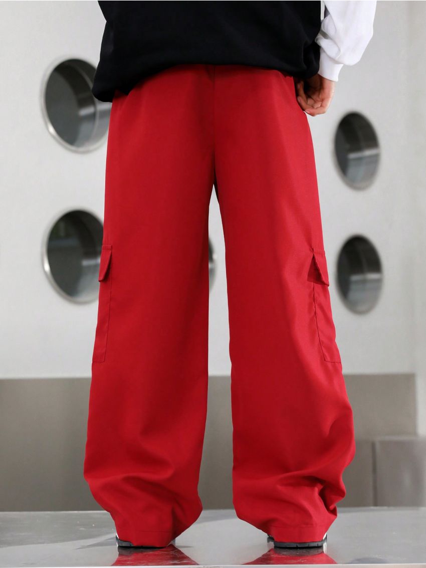 SHEIN Tween Boy Loose Fit Hiphop Wide Leg Pants With Letter Detail And Weave Tape Decoration