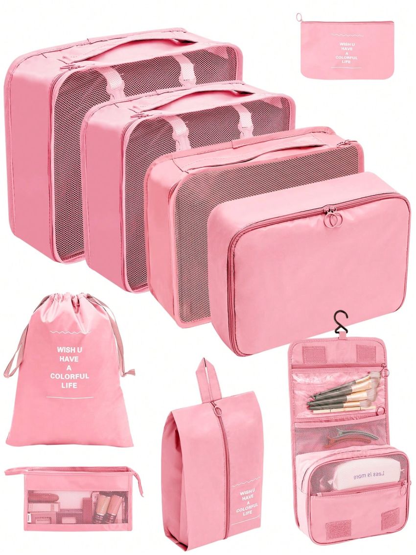 9pcs Slogan Graphic Travel Storage Bag, Modern Polyester Clothes Storage Bag For Travel, Outdoor