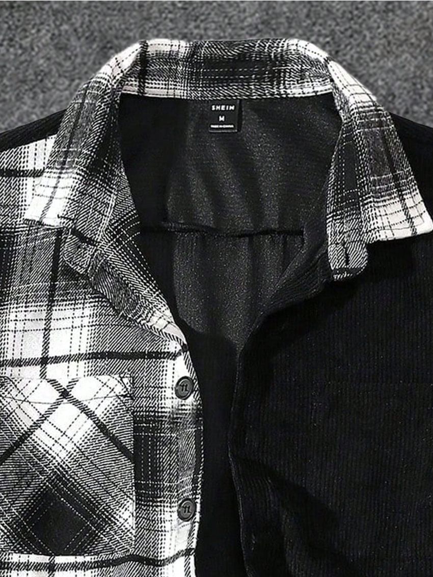 Extended Sizes Men Plus Plaid Print Pocket Patched Button Up Overcoat