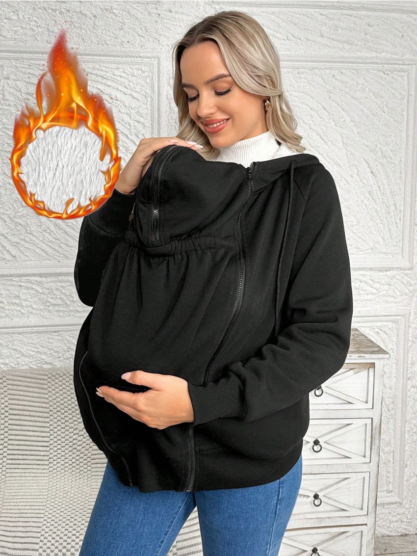 SHEIN Maternity Knitted Solid Color Casual Double Zipper Design Postpartum Functional Jacket With Long Sleeve