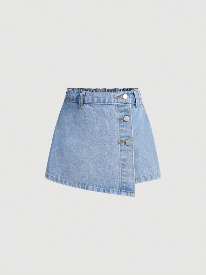 SHEIN Tween Girls' Light Blue Washed Y2k Style Irregular Buckle Design Denim Skirt Pants For Summer Vacation