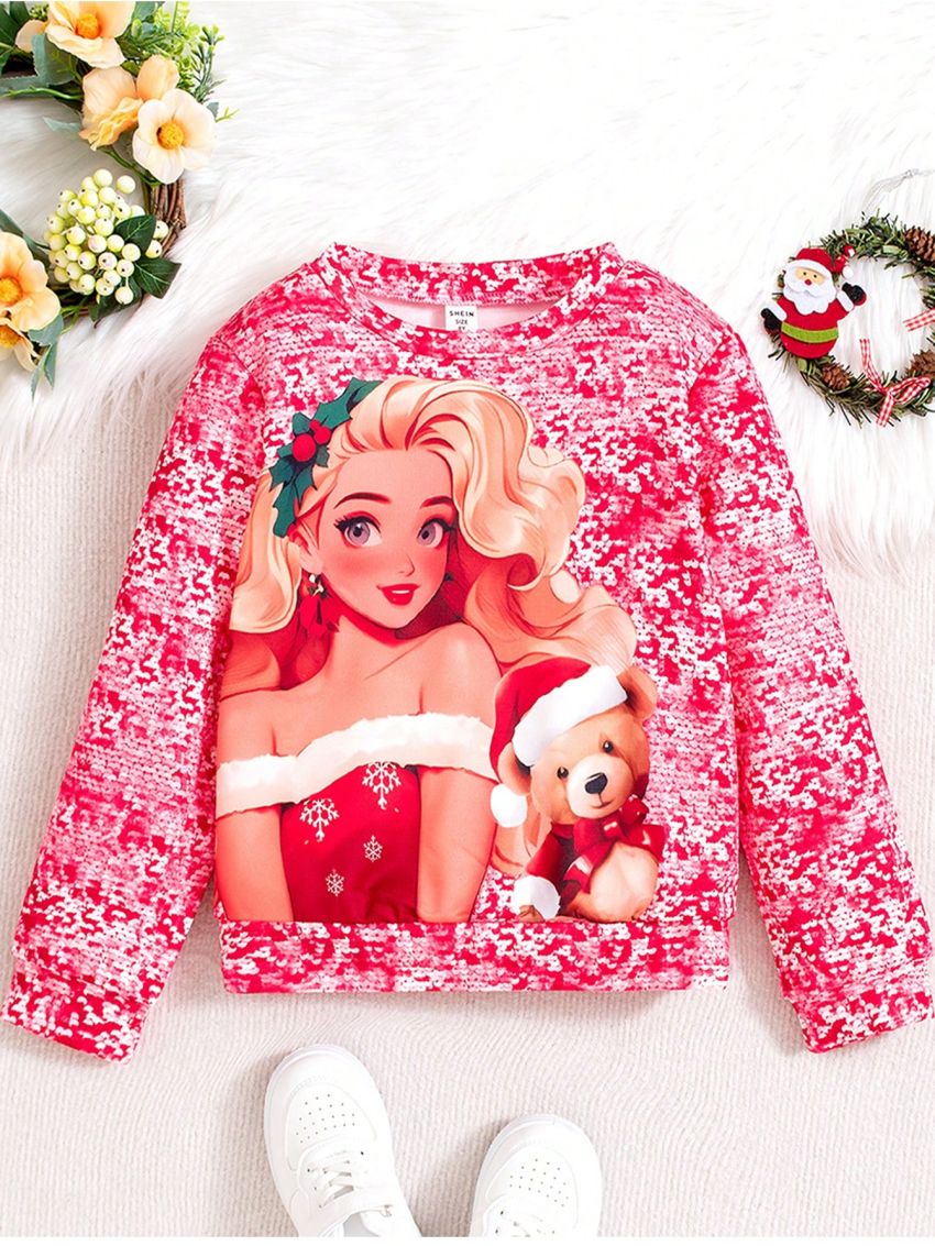 Girls' Christmas Teddy Bear Printed Sweatshirt, For Big Kids