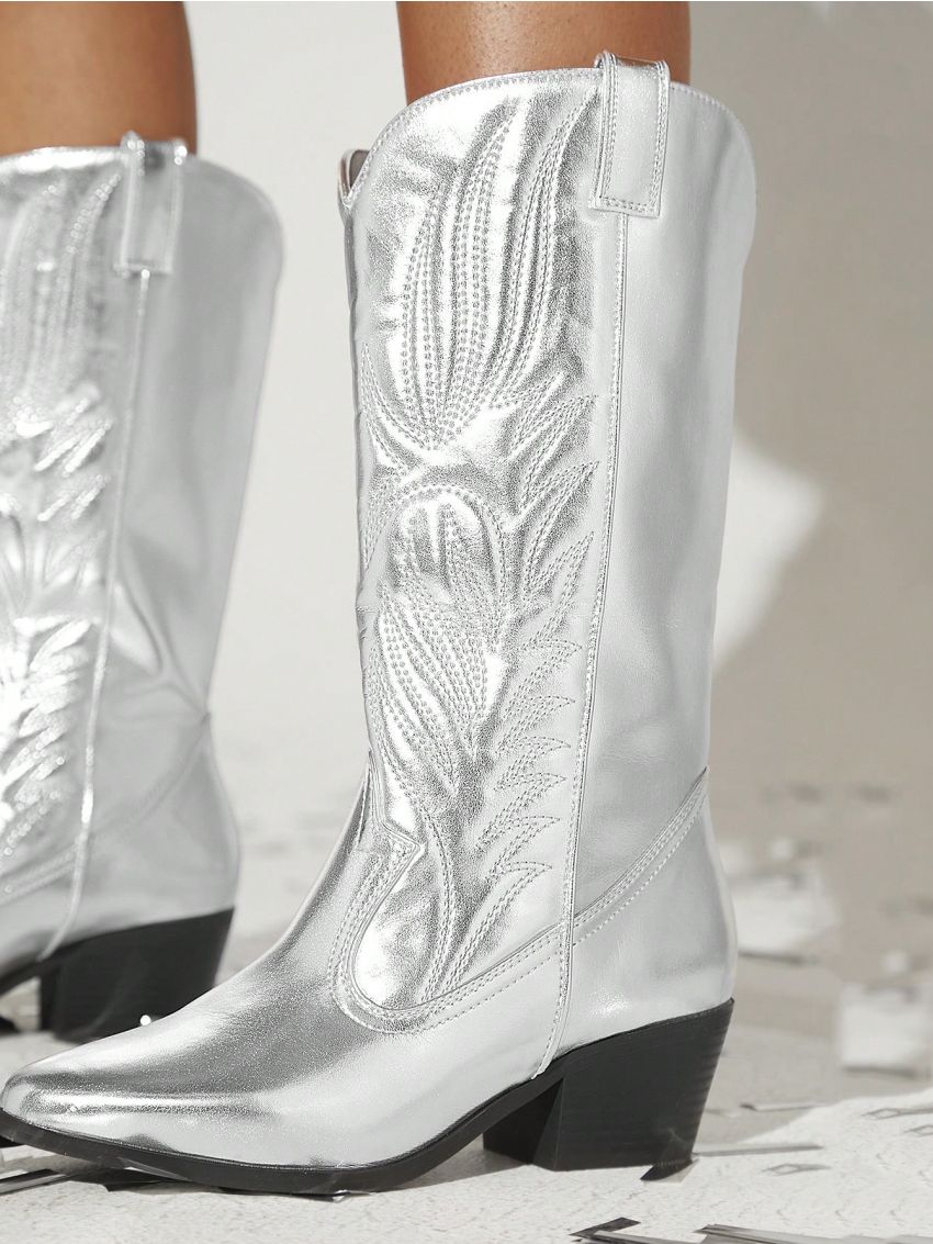 Metallic Slip On Chunky Heeled Boots