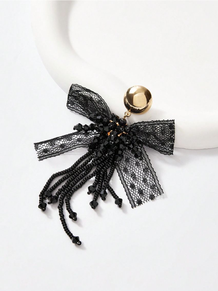 SHEIN Belle 1pair Black Mesh Bow Tassel Earrings