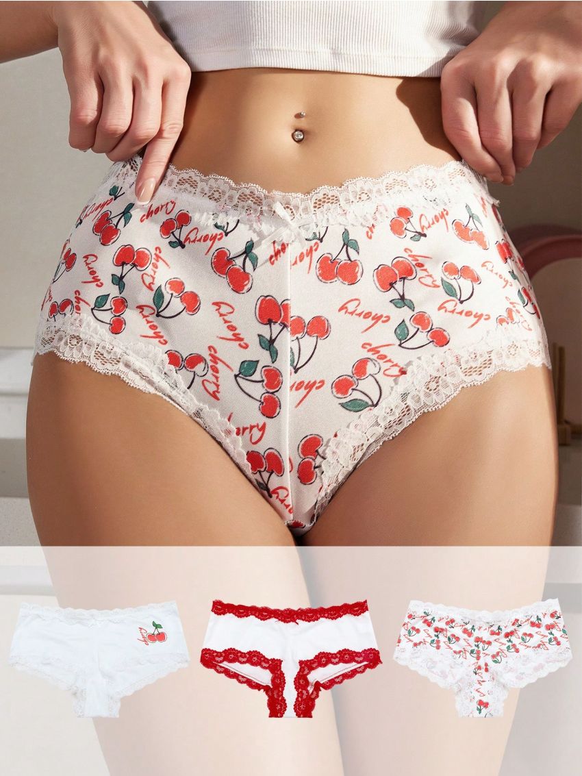 SHEIN 3pcs/Set Women's Cherry Printed Lace Trimmed Triangle Panties