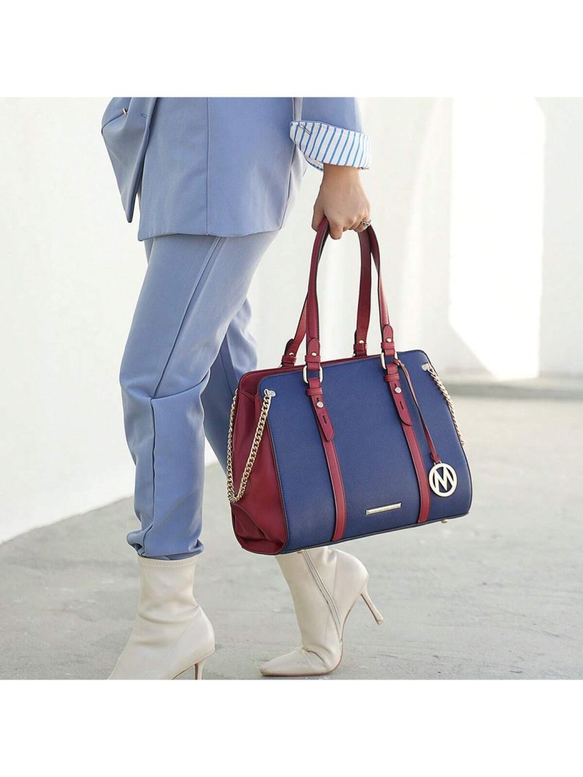 Amy Color Block Vegan Leather Womens Tote Bag  Lightweight Shoulder Handbag, Simple Work Bag