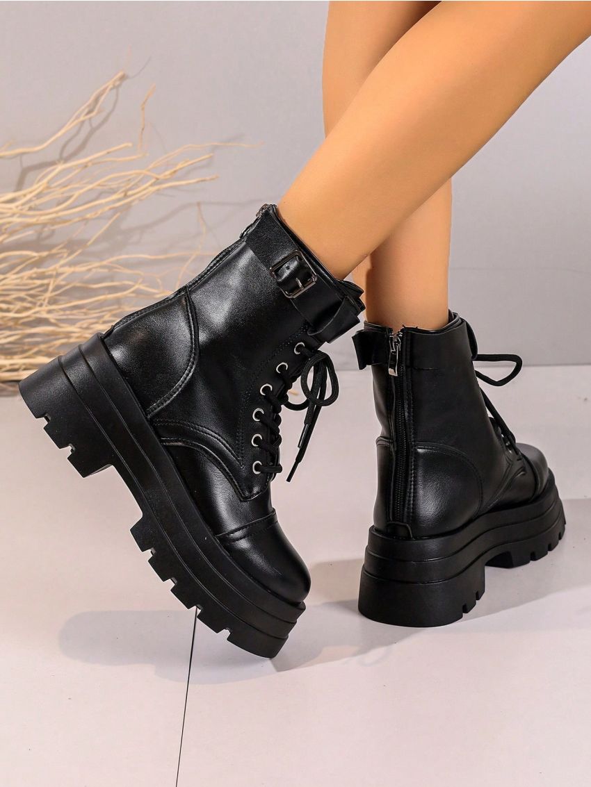 Women's Fashion Thick-soled Belt Buckled Black Pu Boots For Winter, Motorcycle Style, Short Style
