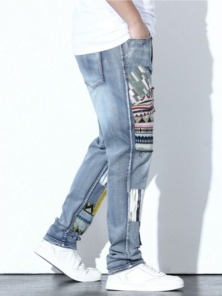 Men Plus Geo Print Cat Whisker Straight Leg Jeans