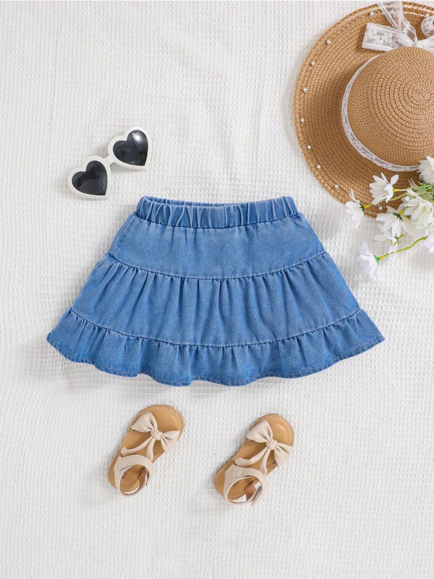 SHEIN Young Girl Spring/Summer Thin And Comfortable Cute Cake Style Denim Skirt