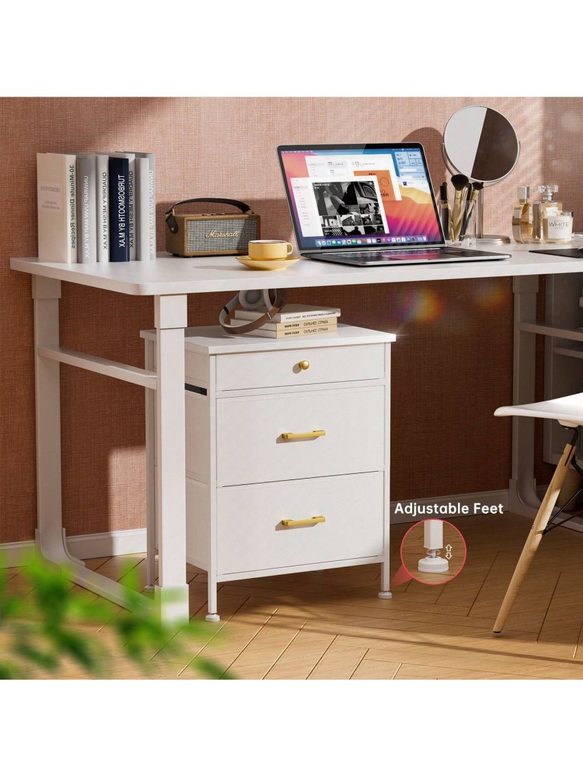 GINRGINR White Nightstand with Different Size Drawer, Bedside Table with 3 Fabric Drawers of Faux Leather, Modern Night Stand End Table for Bedroom, White, 13.8