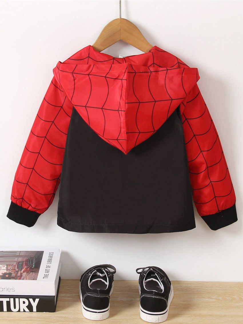 SHEIN Little Boys' Color Block Spider Print Hooded Jacket