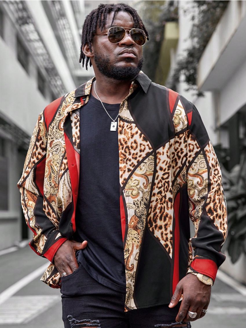 Manfinity LEGND Men'S Plus Size Paisley And Leopard Pattern Long Sleeve Shirt