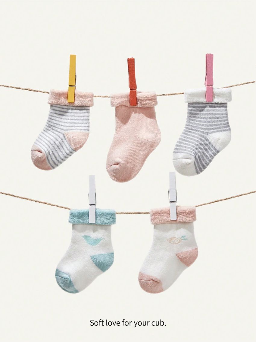 Cozy Cub 5pairs/set Cute Striped Baby Terry Socks With Fold-over Cuffs