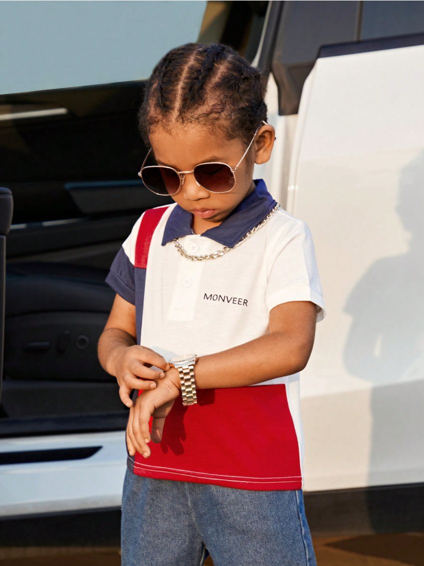 SHEIN Boys' (little) Color Block Short Sleeve Polo Shirt With Letter Print