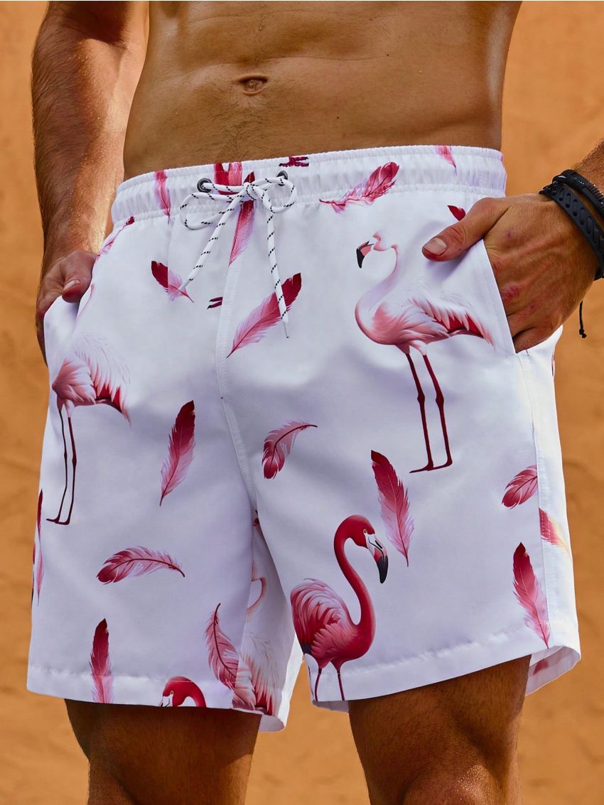 Men's Flamingo Printed Drawstring Waist Beach Shorts
