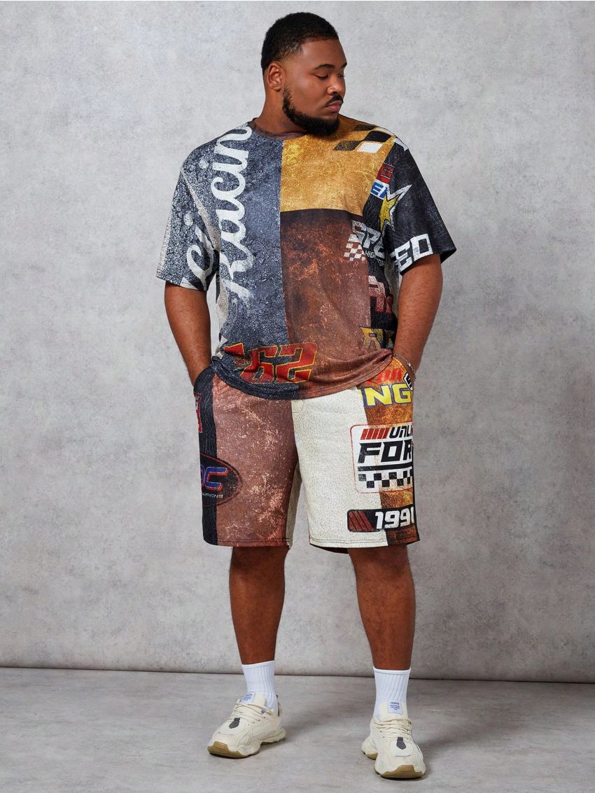 Manfinity LEGND Loose Men's Plus Size Printed Knitwear Casual Two Piece Set