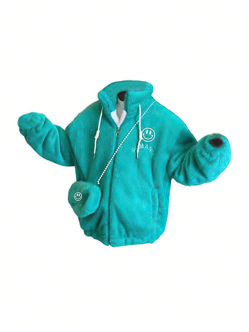 Tween Girl Letter Embroidery Fuzzy Coat