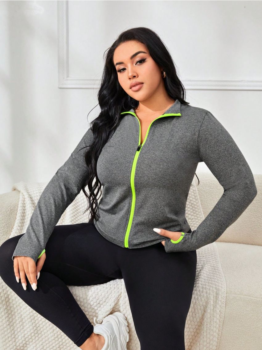 Yoga Futuristic Women's Plus Size Seamless Color-Block Thumb Hole Workout Jacket