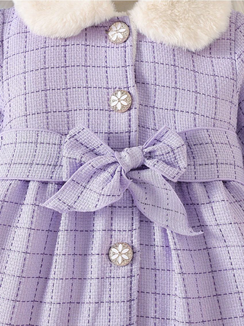 Infant Girls' Purple Plaid Coat With Bow And Collar, Party Outfits For Autumn/winter