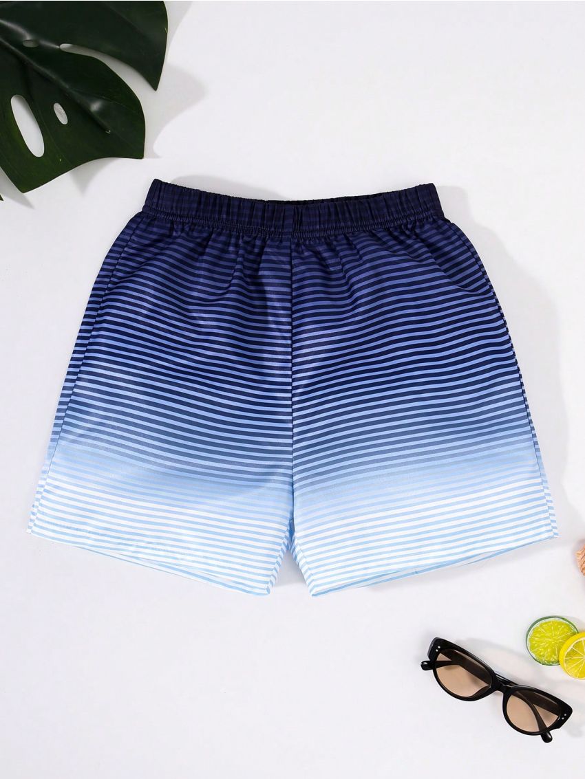 SHEIN Tween Boys' Casual Vacation Ombre Stripe & Print Swim Trunks With Loose Fit