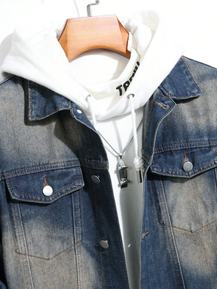 Men's Water Washed Denim Jacket With Flap Pockets Without Hoodie