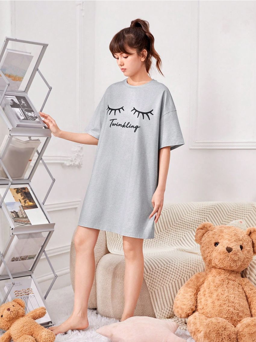 SHEIN Teenage Girls' Knitted Solid Color Eyelash & Letter Print Casual Homewear