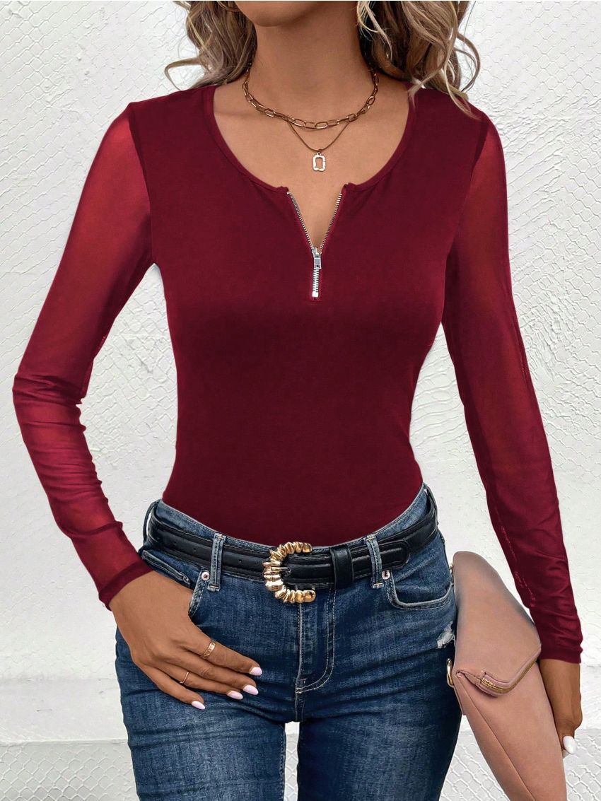 SHEIN Essnce Contrast Mesh Half Zip Tee