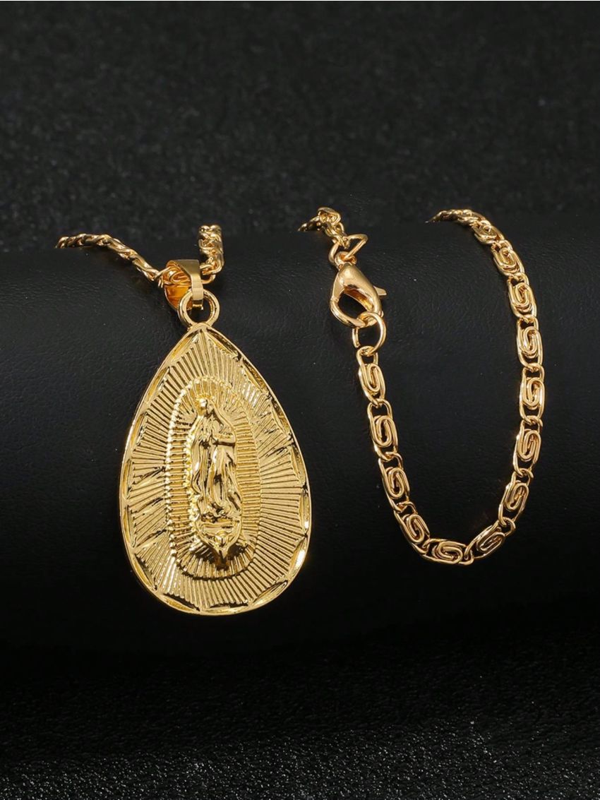 1pc Men's Oval-shaped Virgin Mary Pendant Necklace, For Daily Wear & Christian Gatherings, European & American Style