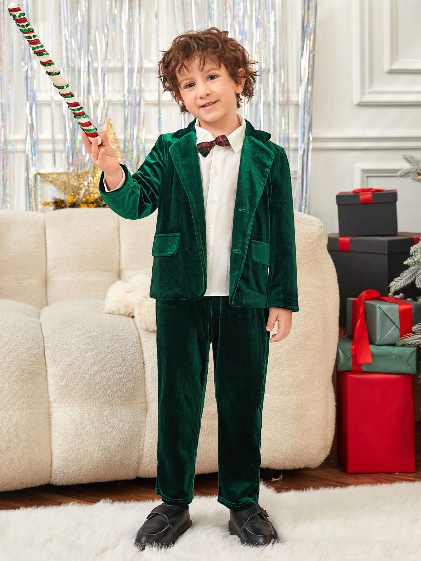 SHEIN Young Boy Single Breasted Velvet Blazer & Pants & Bow Tie Shirt