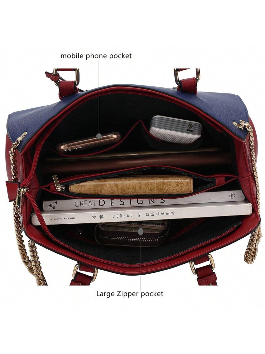 Amy Color Block Vegan Leather Womens Tote Bag  Lightweight Shoulder Handbag, Simple Work Bag