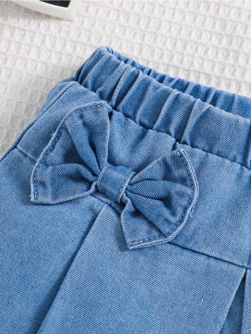 SHEIN Young Girls' Comfortable And Soft Bow Decorated Denim Skirt, Spring/Summer Boho Cute  Skirt