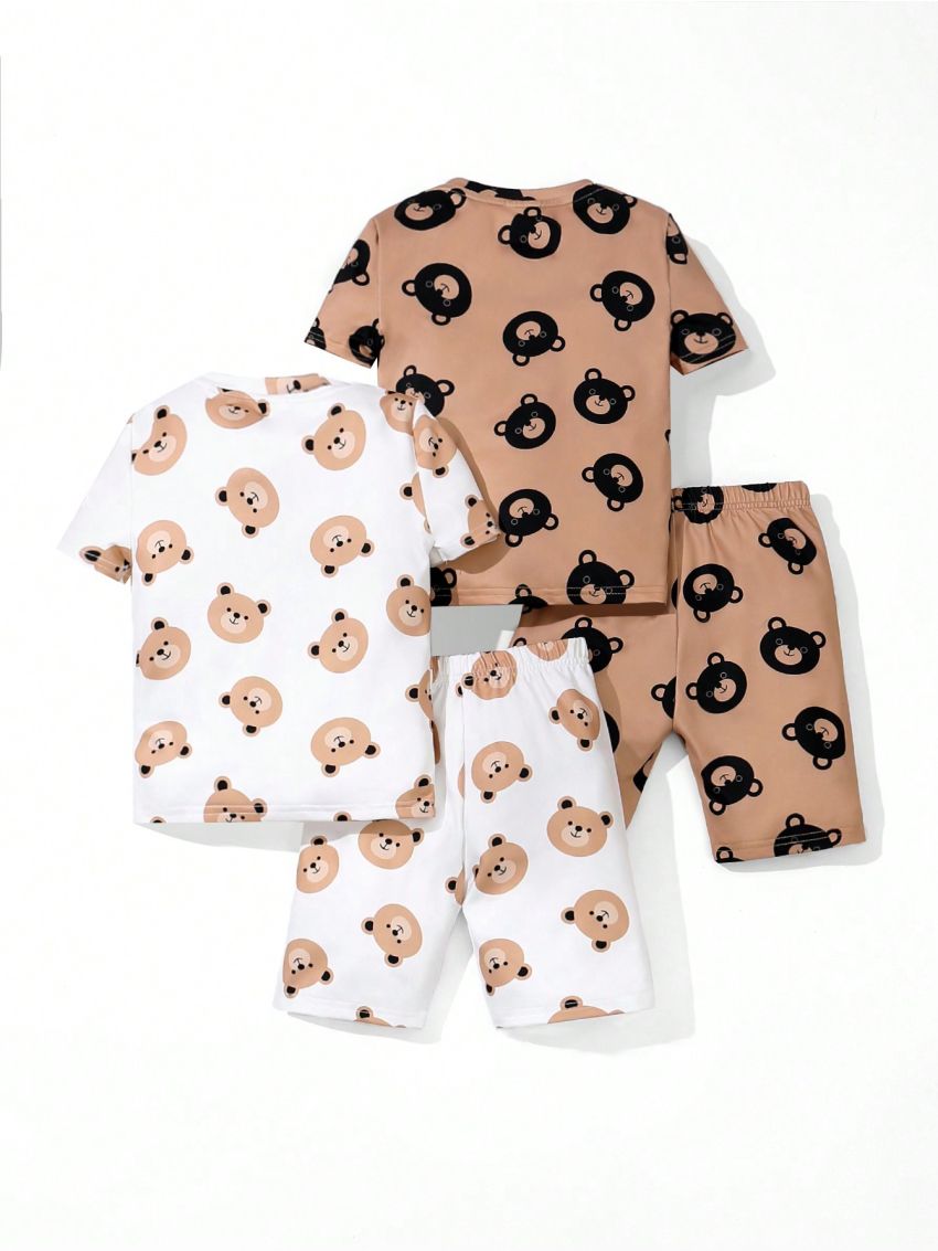 SHEIN 4pcs/Set Young Boy Tight-Fit Casual Round Neck Tee & Shorts With Little Bear Pattern For Homewear
